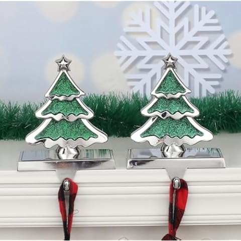 WENFOME Christmas Tree Stocking Holders for Mantle, 2pcs Green Xmas Tree Stocking Hangers for Fireplace Weighted Stocking Hooks Non-Skid and Sturdy Alloy Stocking Holders for Holiday Mantelpiece Decor Cover