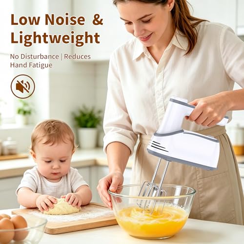 Image of binROC Cordless Electric Hand Mixer, 12-Speed Rechargeable Handheld Mixer with Eject Button, 6 Stainless Steel Attachments, Snap-On Storage Case, LED, Self-Stand for Baking, Cake, Dough, Egg (White)