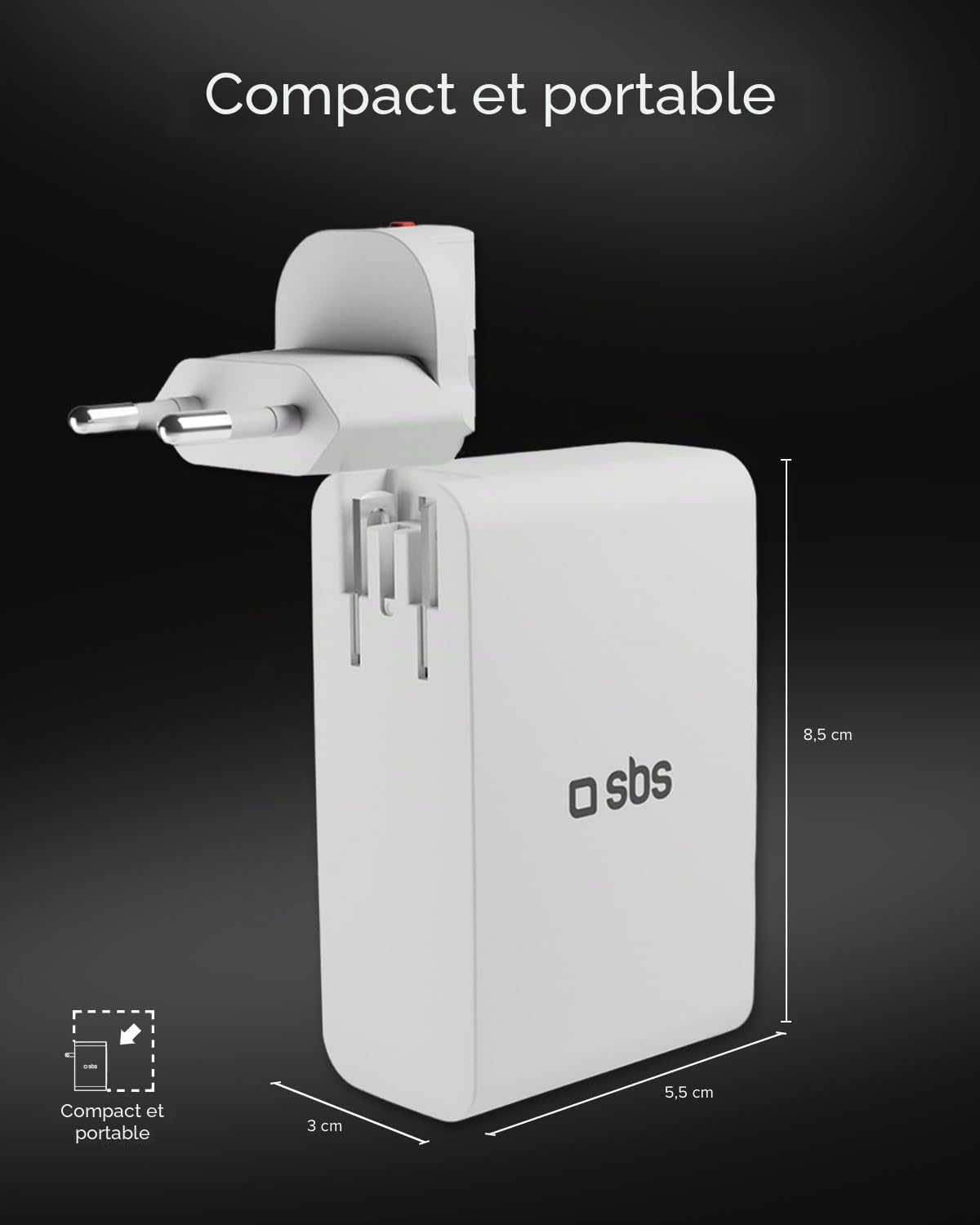 SBS Travel Adapter USB-C 100W, Chargeur de Voyage avec Fiches US/UK/EU/AU | Convertisseur Adaptateur 4 ports USB, Power Delivery (PD), Recharge Rapide pour iPhone, Android, MacBook et Ordinateur, Blanc