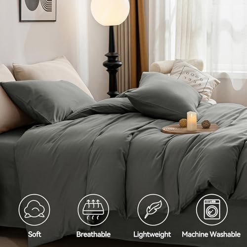 Image of JELLYMONI Gray Duvet Cover Full Size - 100% Washed Cotton Linen Like Textured Comforter Cover, 3 Pieces Breathable Soft Bedding Set with Zipper Closure (Dark Gray, Full 80 inchx90 inch)