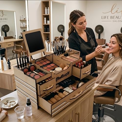 Image of Wooden Makeup Organizer Box with Drawers & Mirror | Vanity Station | Large Capacity Cosmetic Storage Case for Makeup, 38.2x20x19 cm, White