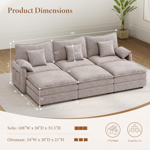 Image of Vesgantti 108 inch Sectional Sleeper Sofa, 6-Seater Oversized Modular Cloud Couch with Movable Ottoman, Chenille Large Sofa Bed Convertible Deep Seat Couches for Living Room, Bedroom and Apartment, Brown