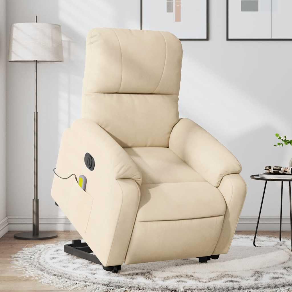 Sillón elevador eléctrico reclinable con masaje de 6 puntos y revestimiento de microfibra color crema, función de elevación e inclinación hasta 135 grados, estructura