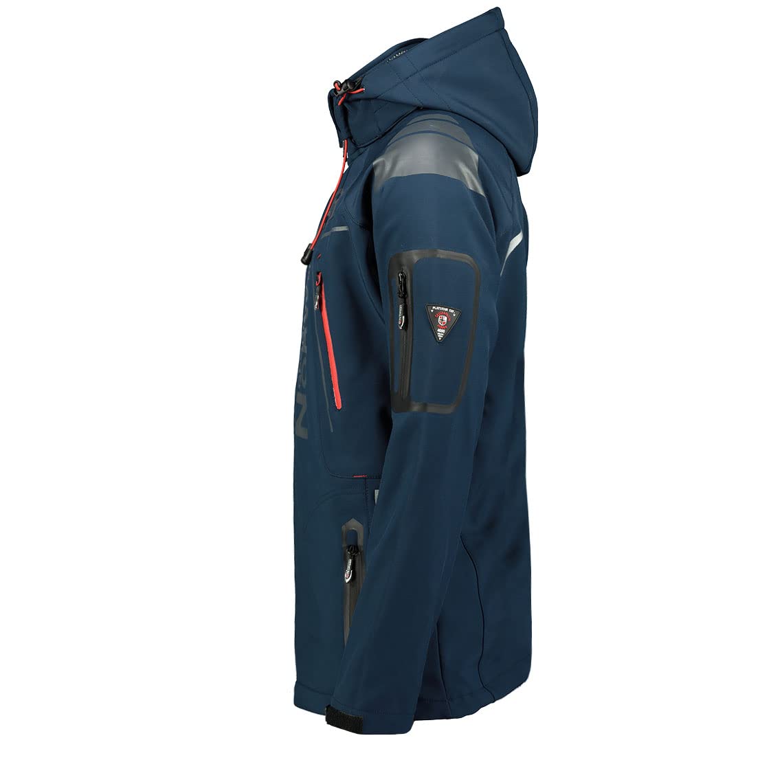 Geographical Norway Techno Men Distribrands - Chaqueta Softshell Impermeable Hombres - Capucha Hombre Transpirable Exteriores - Chaqueta Invierno Viento (Marina/Rojo M)
