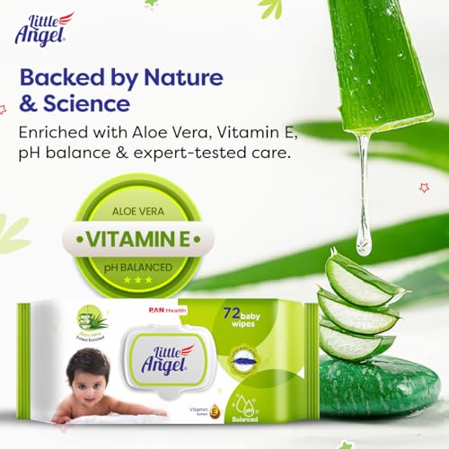 Image of Little Angel Super Soft Cleansing Baby Wipes Lid Pack, 648 Count, Enriched with Aloe vera & Vitamin E, pH balanced, Dermatologically Tested & Alcohol-free, Pack of 9,72 count /pack