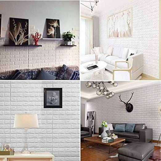 Image of Plastic 3D Embossed Washable PE Foam DIY Self Adhesive Brick Wall Sticker for Bedrooms, Living Room, Kids Room, Office (White, 70 x 77 cm, 5.8 sqft) (5)