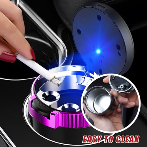 Image of Dickno Car Ashtray with Lid, Detachable Stainless Smokeless Auto Ashtray, Portable Mini Vehicle Trash Can with LED Blue Light, Universal Interior Accessories for Cup Holder (Purple)