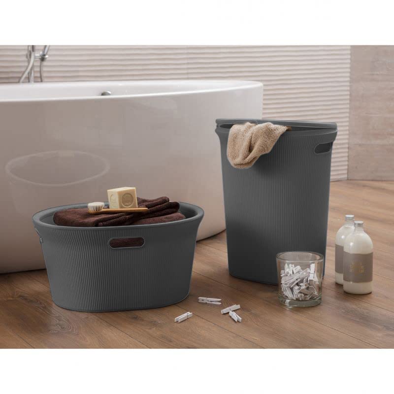 Image of Superio Ribbed Collection - Decorative Plastic Laundry Basket & Laundry Hamper with Lid and Cut-Out Handles, Grey (Set of 2) Organzier for Bedroom Bathroom College Dorm Room