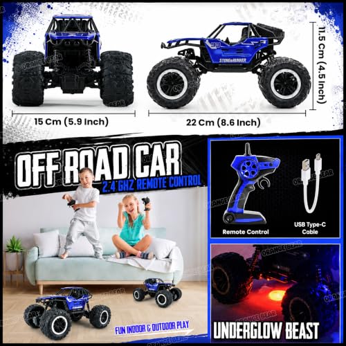 Image of Orange Bear Remote Control Car Toy (1 Year Warranty) Rock Crawler Monster Truck Drift RC Car | Type-C USB | 100+ft Range 2.4GHz Remote | Rechargeable Battery | 2WD Off-Road Climbing Racing Car - Blue