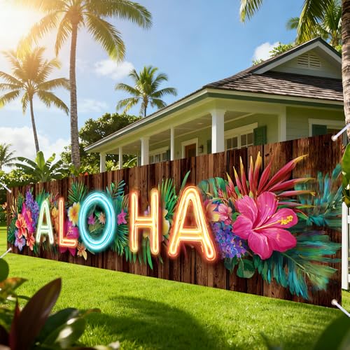 Image of Nuxovilar Aloha Banner Hawaiian Party Decorations 78.7x17.7 Inches | Luau Party Decorations, Tropical Sign, Island Photo Background, Porch Wall Decoration, Yard Lawn Home (Aloha Flower)