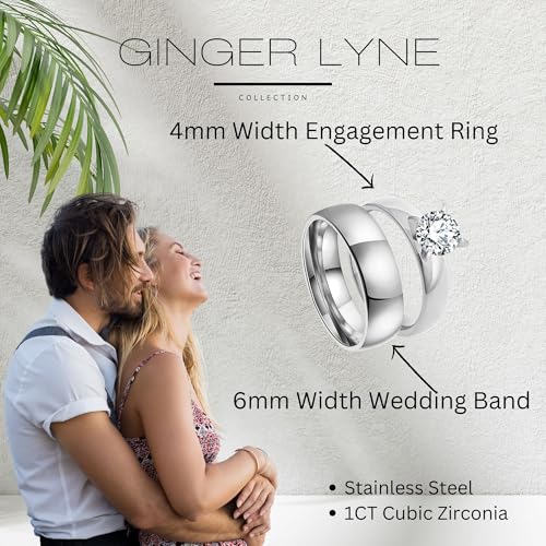 Sabrina Solitaire Wedding Ring Set for Women by Ginger Lyne | Gold Stainless Steel 1 Ct Cubic Zirconia Bridal Engagement Ring Matching Wide Wedding Band Black4