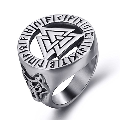 Elfasio Valknut Scandinavn Odin Symbol Norse Viking Wolf Mens Silver Stainless Steel Ring Jewelry Size 11