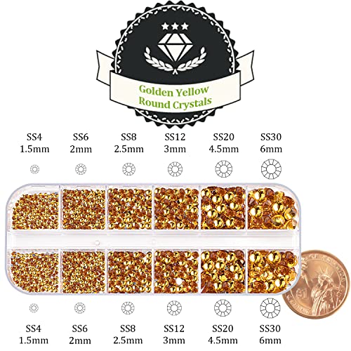 One Pack 2000 Pcs Of Flatback Round Golden Yellow Rhinestones 6 Sizes (1.5-6 Mm) With Nail Art Rhinestone Picker Pencil And Tweezer For Diy And Salon Use #TOP1
