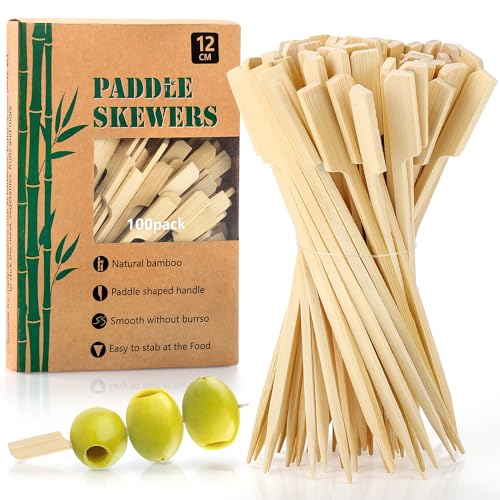 Aodaer 100 Pieces Bamboo Paddle Skewers 12CM Natural Wooden Cocktail Sticks BBQ Skewers Food Picks for Barbeque, Kebabs, Cocktails Buffet Party