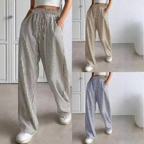 Women's Striped Straight Leg Pants - High Waist Casual Trousers Elastic Workwear Lounge Pants for Daily Office Outfits4