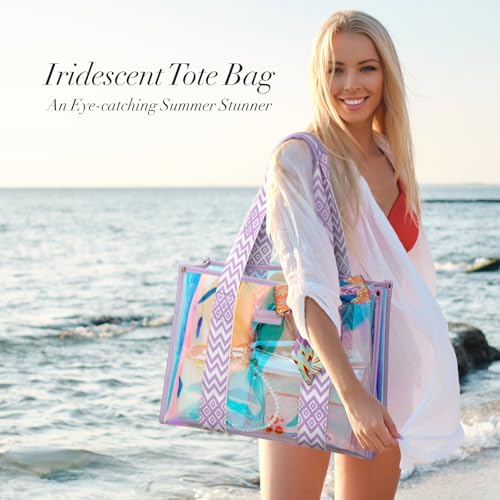 F-color Iridesent Beach Bag for Women - Waterproof Beach Tote Clear Pool Bag with Phone Pouch for Cruise Vacation Essentials2