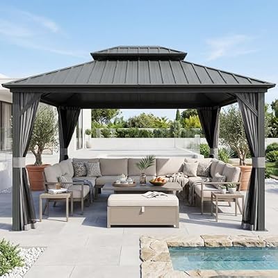Domi 10x12FT Outdoor Gazebo, Patio Gazebo with Galvanized Steel, Hardtop Gazbo for Patio, Deck, Backyard, Curtain and Netting Included