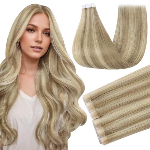 Full Shine Blonde Tape in Hair Extensions Color 16 Highlight 22 Blonde Remy Injection Tape Hair Extensions Real Human Hair 16Inch Travel Friendly Styling 40G Seamless Skin Weft Natural Straight 20Pcs
