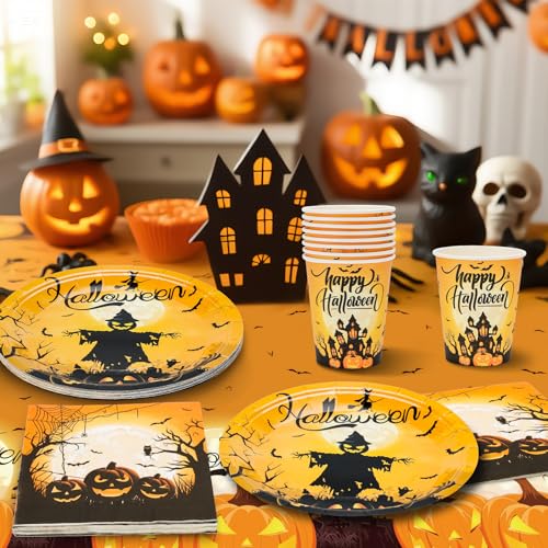 MestectPET 57 Pcs Halloween Party Tableware Set, Paper Plates Cups Napkins Tablecloth for 16 Guests, Dinnerware Set for Halloween Bar Home Party Supplies Table Decoration - Image 5