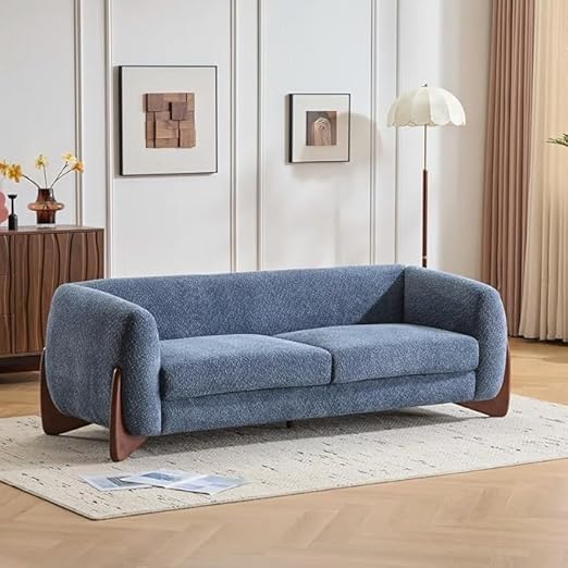 Image of Upholstered 3 Seater Sofa Three Seater Sofa with Wooden Legs for Living Room Hotels & Offices (3+1+Puffy Boucle Blue)