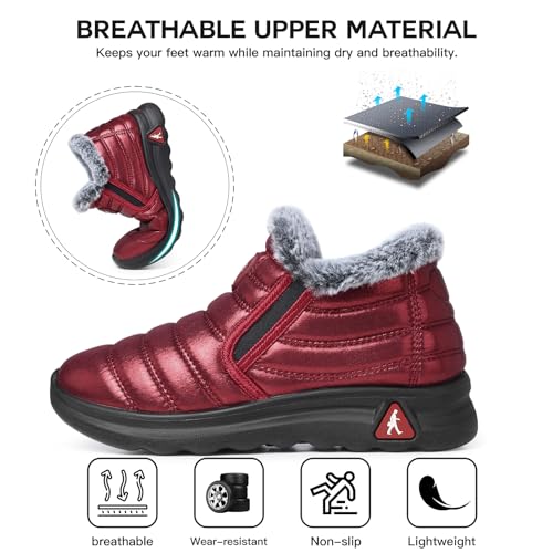 SHIBEVER Winter Snow Boots for Women: Pull-on Winter Booties for Woman Warm Fur Lined Red Comfort Wide Width Short Walking Shoes Size 83