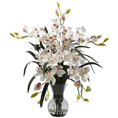 Nearly Natural 1300-WH 34in. Large Cymbidium with Vase Arrangement,White