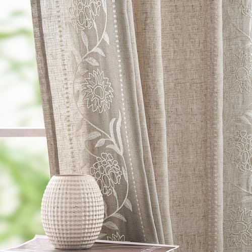 Image of jinchan Taupe Floral Linen Curtains for Living Room 63 inch Back Tab 2 Panels