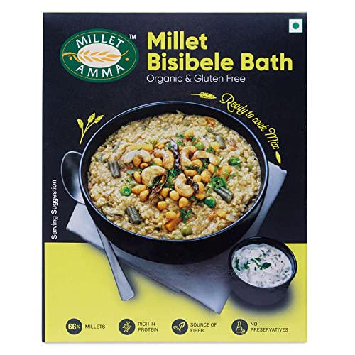 Image of Millet Amma Certified Organic Millet Bisibele Bath Mix | 250 GMS Pack | Easy & Ready to Cook Mix | Healthy and Nutritious Millet Breakfast Mix | Gluten Free | Directions Published on the Back Side |