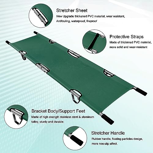 Image of Folding Stretcher for Medical Emergency Heavy Duty Handles | Portable Travel Emergency Medical Stretcher for Patient Transport, Straps and Carrying Case, High-Grade Aluminum Alloy, Green