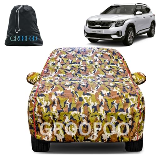 Image of GROOFOO Waterproof Car Body Cover with Mirror Pockets Compatible with Kia Seltos | Triple Stitch Red Piping Car Cover UV & Dust Proof All-Weather Protection, Adjustable Buckle (Army and Red)