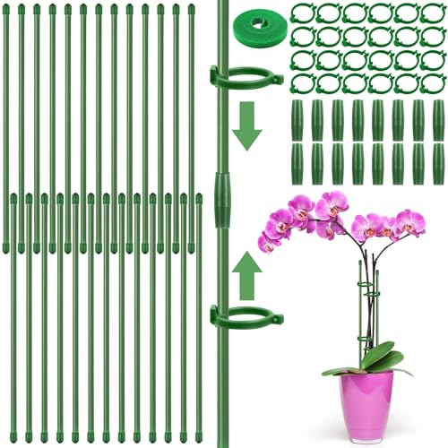 Nadinsta 26 Sets Adjustable Plant Support Stakes, 30cm Plant Sticks Support, Orchid Sticks with 26Pcs Plant Clips and 16Pcs Connect Pipes for Indoor and Outdoor Climbing Plants, Flowers