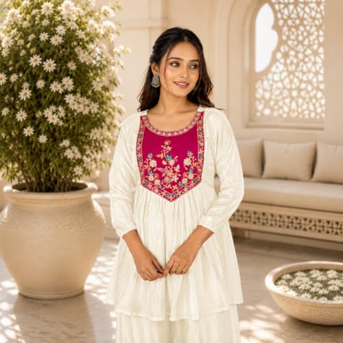 Image of Embroidered Sharara Set for Women | Roman Silk Short Kurta with Flared Sharara Pants | Designer Festive Ethnic Wear Suit Set for Weddings, Sangeet & Celebrations