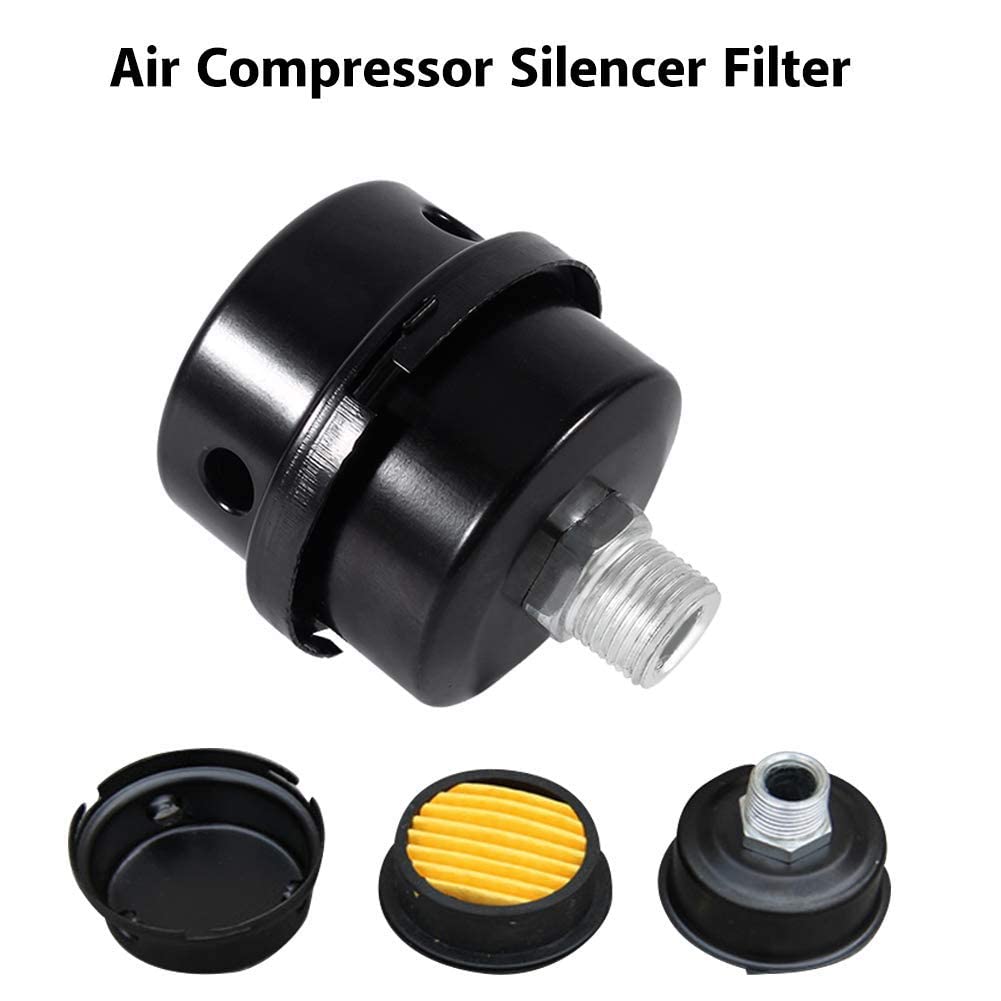 Silenziatore per Filtro Aria Nero in Metallo, Silenziatore Compressore Aria a Filetto 3/8"16MM