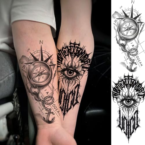 Image of Bilizar 12 Sheets Creative Compass Anchor Temporary Tattoos For Men Women Adults Forearm Tattoo Sticker, Realistic Viking Totem Fake Tattoos Half Arm Sleeve Arrow Chains Tatoos Waterproof Long Lasting