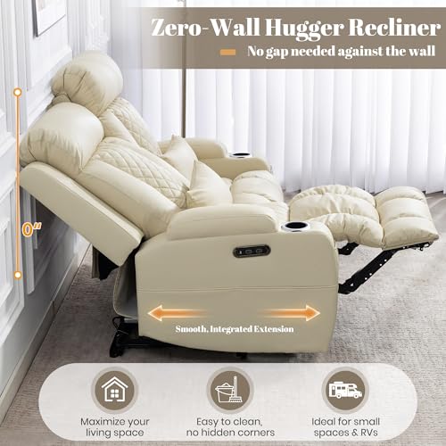 Image of Zero Wall Hugger Power Reclining Loveseat with Adjustable Headrest, Power Loveseat Recliner Sofa with USB&Type-C Ports, Wall Hugger Reclining Loveseat for Living Room (PU Beige, 2 Seater)