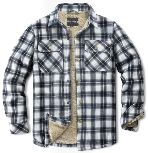Image of Men's Sherpa Cotton Flannel Shirt Jacket Plaid Button Coat Pocket