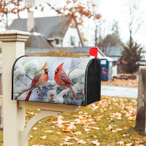 Image of Winter Cardinal Red Birds Magnetic Mailbox Cover Standard Size 18 inch X 21 inch Holly Berry Branches Snow Mailbox Wrap Christmas for Outdoor Post Letter Box Decor