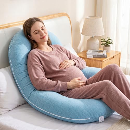 Image of 1 MIDDLE ONE Pregnancy Pillow, C Shaped Full Body Pillow for Maternity Support, Pregnant Women Sleeping Pillow with Cover (Cooling Blue)