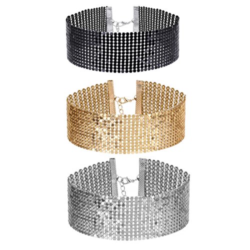 Tpocean Gargantilla ajustable multicolor de 3,5 cm de cristal con diamantes de imitación, collar ancho, gargantilla elegante para mujer, regalo de dama, 3 piezas (negro, dorado, plateado) Cover