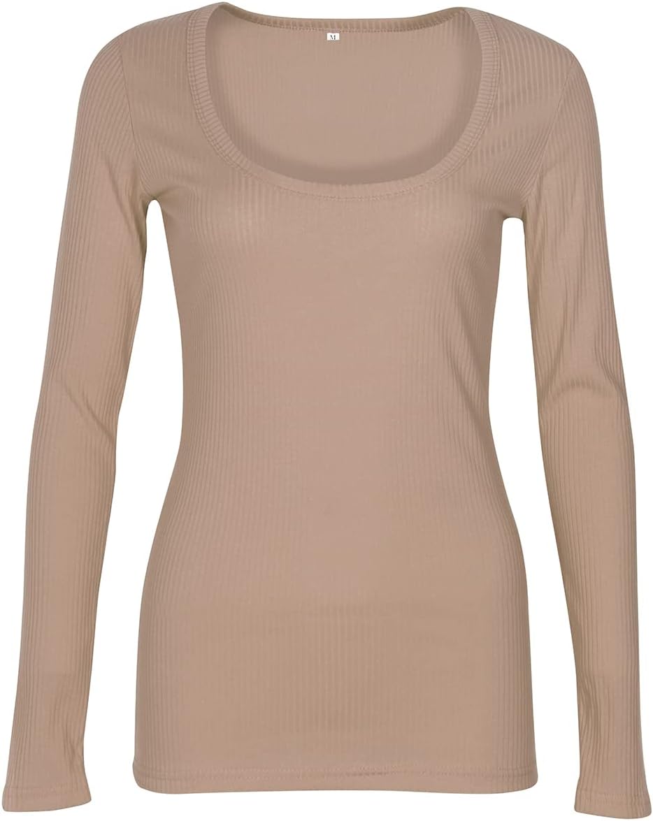 Roselux Women Long Sleeve Scoop Neck Ribbed Fitted Knit Shirt Basic T-Shirts - Image 3