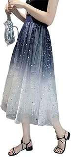 [merveile] 210-42星チュール ロングスカート レディース 星柄 ボトムス グラデーション ミモレ丈 レース フレア 大人 スカート 裏地あり ウエストゴム 体型カバー おしゃれ 海 旅行
