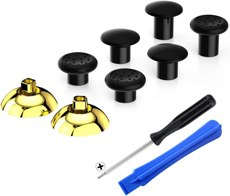 eXtremeRate ThumbsGear Interchangeable Ergonomic Thumbstick for PS5 Controller, for PS4 All Model Controller - 3 Height Domed and Concave Grips Adjustable Joystick - Chrome Glossy Gold & Black