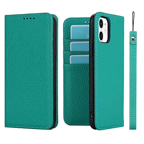 Étui portefeuille pour iPhone 11 en cuir véritable bleu-vert et porte-cartes