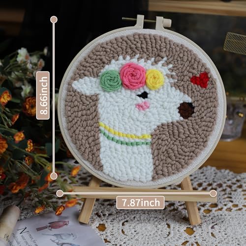 Image of DINVES DIY Punch Needle Kits, Cute Cartoon Sheep with Flower for Beginners, 20x20cm Hoop Embroidery Punch Needle Starter Craft Set, Easy for Adults and Children, Ideal and Decoration Gift