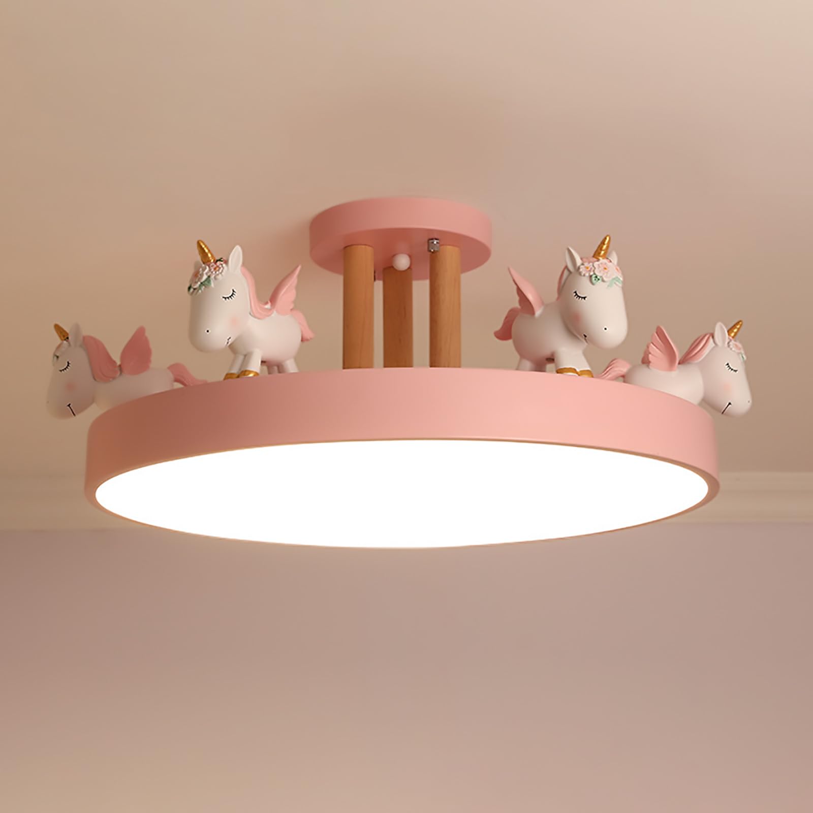 HYJAUSXB Cartoon Ceiling Light Girls Room Lighting Fixtures, Round LED Chandelier 3 Color Dimmable, Flush Mount Kids Lamp for Baby Bedroom,Study Room(Wood Rod, Pink)