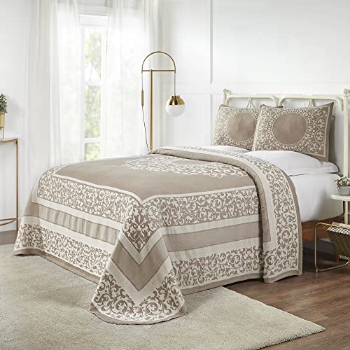 Superior Cotton Blend Bedspread Set, Includes Oversized Bedspread And 2 Matching Pillow Shams, Light Weight Blanket, Bedding Decor, Jacquard Vintage Floral Mandala, Lyron Collection, King, Taupe #TOP14