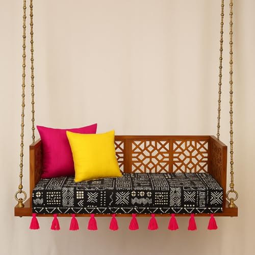 Image of Black Tribal Wooden Swing Seat Cover with Tassels | 2.5 Ft Indian Jhoola Bench Cover for Indoor Outdoor Swing | Solid Wood Swing Jhula Cover for Courtyard, Verandah, Balcony, Living Room Decor