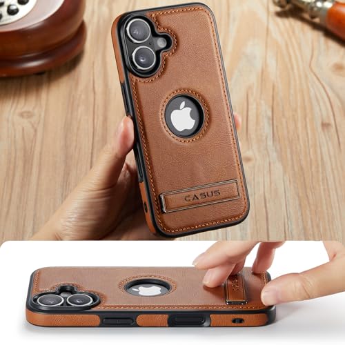Image of Casus for iPhone 17 Case with MagSafe, Slim Kickstand Vegan Leather Protective Cover with Tempered Glass Screen Protector, 6.3 Inch (2025), Brown