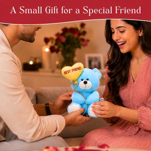 Image of Tickles Cute Teddy Holding Best Friend Heart Balloon Soft Stuffed Plush Toy for Kids Boys & Girls Friendship Birthday Gift (Color: Blue Size: 18 cm)
