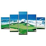 Pebble Beach Golf Course-California, USA Wall Art Canvas Prints Wall Decor Picture 5 Panel Blue Sky Sea Golf Course Coast Decorations for Home Office Framed Stretched Ready to Hang(60''Wx32''H)